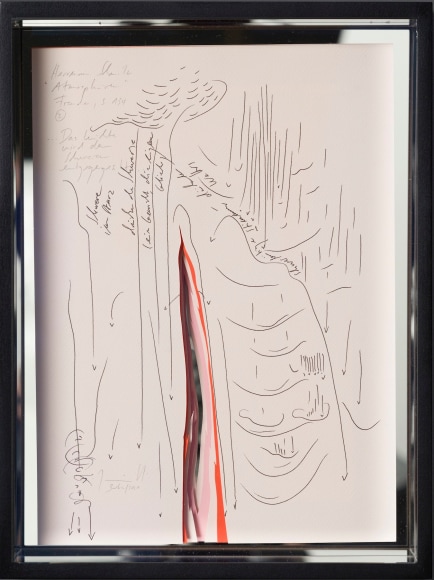 Jorinde Voigt, Herman Schmitz 2 &ldquo;Atmospheres&rdquo; Joy, p 134,&nbsp;2021, Ink and graphite on paper, collage mounted on mirror glass, 13 5/16 x 10 x 2 3/4 in.