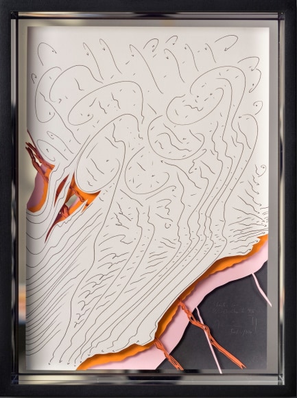 Jorinde Voigt, Study of Reality XIII, 2021, Ink and graphite on paper, collage mounted on mirror glass, 13 5/16 x 10 x 2 3/4 in.