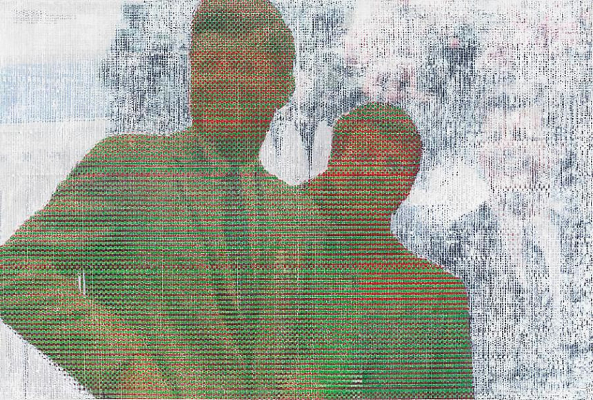 John Sparagana, Crowds &amp;amp; Powder: Kennedy Brothers 2, 2013. Archival inkjet prints with oil stick and oil paint, sliced and mixed, on paper, 20 3/4 in. x 31 1/4 in.