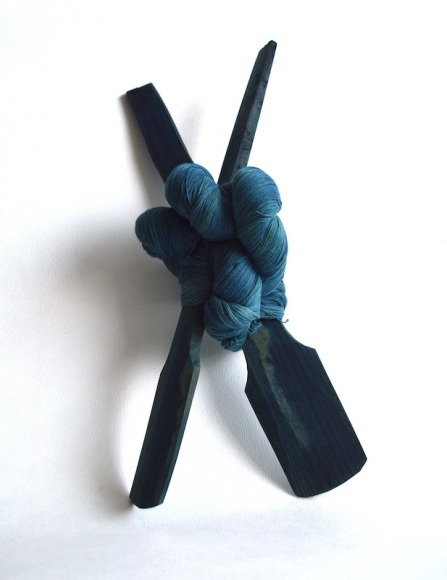 Sandra Monterroso, Efectos Cruzados 10, 2020. Yarn dyed with indig&oacute;fera guatemalensis, and wood, 10 5/8 x 7 13/16 x 5 7/8 in. (27 x 20 x 15 cm.)