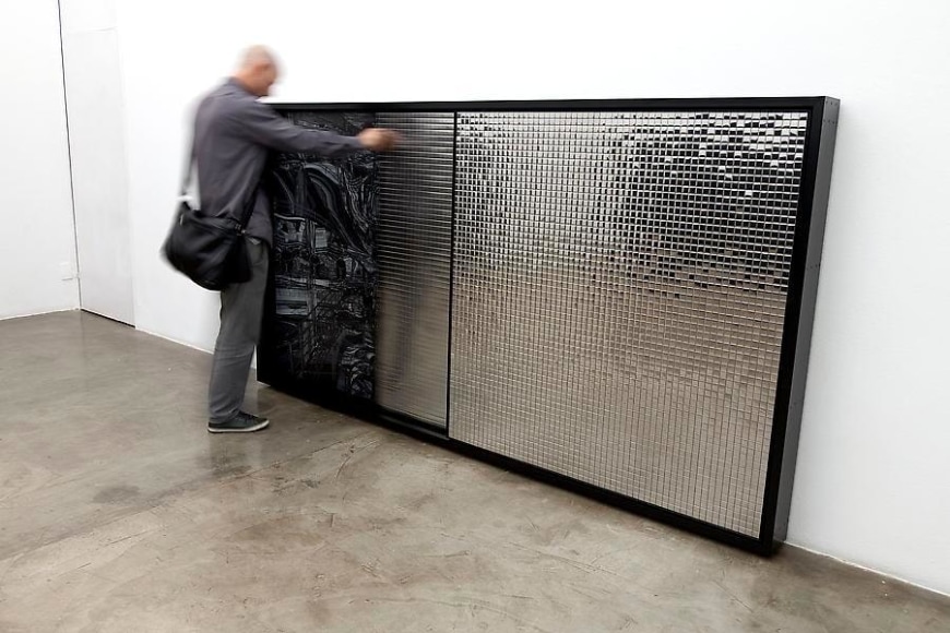 Ana Maria Tavares, Desviante Double, Dia L, 2011. From the series Hier&oacute;glifos Sociais. Aluminum, compound aluminum, colored and silver stainless steel, digital printing, and electrostatic painting. 152 cm x 283 cm x 18 cm.