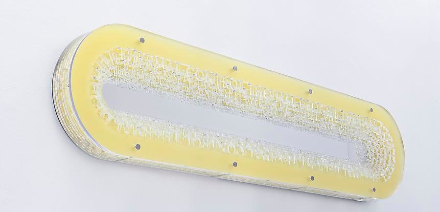 Ana Maria Tavares, Capsula Crema, 2010. From the series Corpo Anest&eacute;sico. Cristal, colored and mirrored methacrylate, stainless steel and aluminum, 46 cm x 195 cm x 14.6 cm.