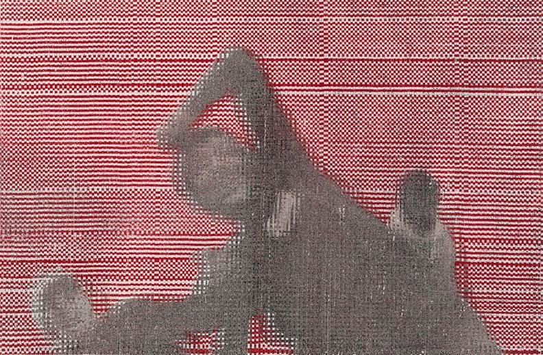 John Sparagana, Crowds &amp;amp; Powder: Cairo 1, 2013. Fatigued magazine pages with oil stick, sliced and mixed, on paper, 19 3/4 in. x 30 1/4 in.