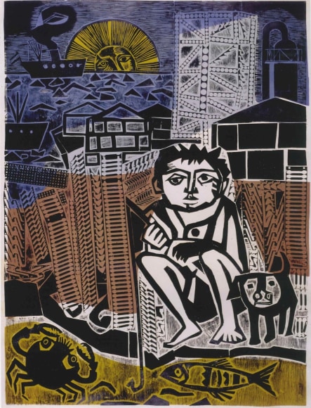 Antonio Berni, Juanito Fishing (Juanito pescando), 1962. Xilo-collage and stenciled colors, 7 5/8 x 5 3/4 in. (19.4 x 14.5 cm.)