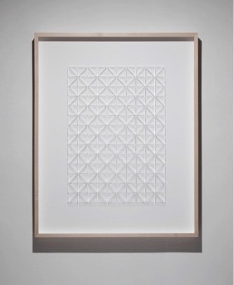 Gabriel de la Mora, CI / 444 III, 2017. Microscope coverslips on cardboard, 41 18 x 3 in. / 104.3 x 83.9 x 7.7 cm.