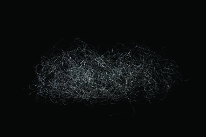 Gabriel de la Mora, M.E.T.A.M  II, 2008. Tied human hair (METAM) on paper in acrylic box, 6 x 12 x 12 in.  / 15.2 x 30.4 x 30.4 cm.