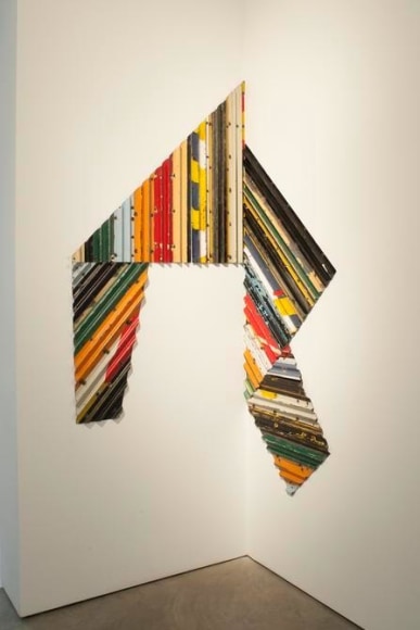 Esvin Alarc&oacute;n Lam, Displacement No. 5, 2015. Iron, steel, automotive paint, and acriloyd, 38 9/16 x 29 1/2 x 82 11/16 in. (98 x 75 x 210 cm).