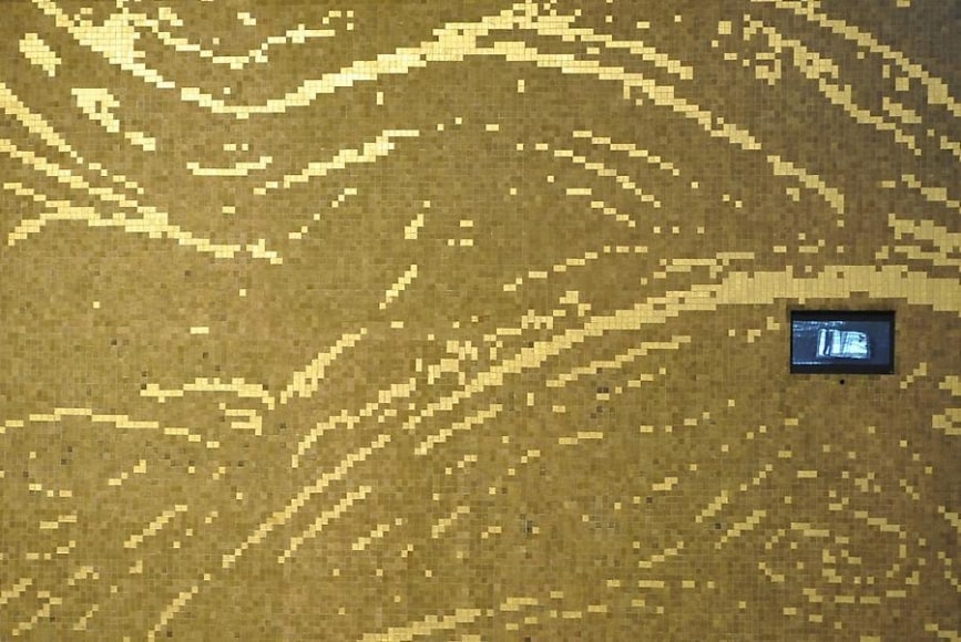 Miguel &Aacute;ngel Rojas, Economia Intervenida, Ensamblaje. Video, coca leaf powder, gold leaf and aluminum, 43 5/16 in. x 64 3/16 in.