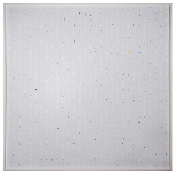 Marco Maggi, Nine Hundred Windows, 2013. Cuts and folds on 35mm white paper with color background, 60 in. x 60 in.