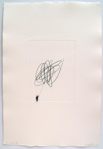 Liliana Porter. La Linea,&nbsp;2004.&nbsp;Etching and metal figurine on paper,&nbsp;22.5 x 15.25 in.