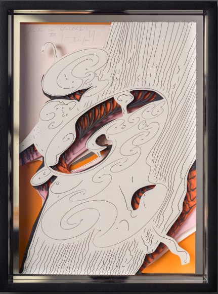 Jorinde Voigt, Study of Reality XIV, 2021. Ink and graphite on paper, collage mounted on mirror glass, 11 3/4 x 8 1/4 x 0 3/4 in. (29.7 x 21 x 1.8 cm.)