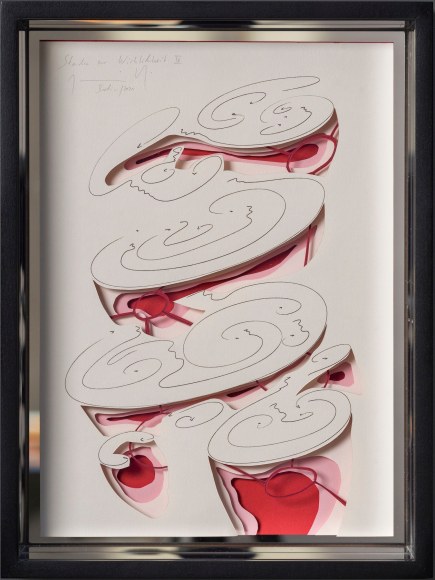 Jorinde Voigt, Study of Reality IV, 2021. Ink and graphite on paper, collage mounted on mirror glass,&nbsp;13 5/16 x 10 x 2 3/4 in.