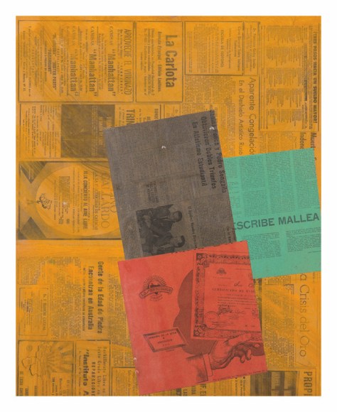 Alejandro Otero, Crisis del oro [Gold Crisis] from the series &quot;Papeles coloreados&quot; [Colored Papers], 1965. Collage on wood, 25 9/16 x 21 1/16 in.&nbsp;