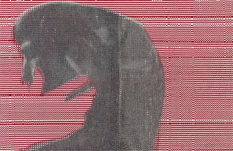 John Sparagana, Crowds &amp;amp; Powder: Afghanistan Heroin, 2013. Fatigued magazine pages with oil stick, sliced and mixed, on paper, 19 3/4 in. x 30 1/2 in.