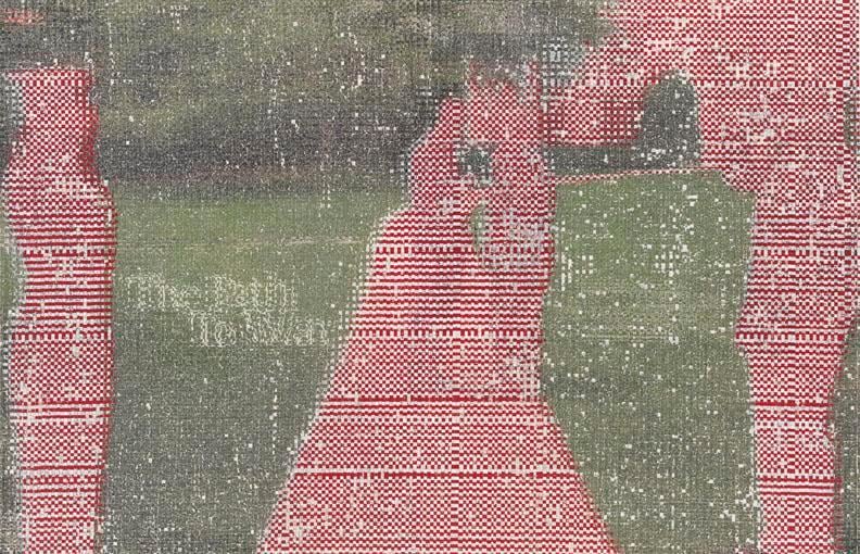 John Sparagana, Crowds &amp;amp; Powder: The Path to War, 2013. Fatigued magazine pages with oil stick, sliced and mixed, on paper, 20 in. x 30 3/4 in.