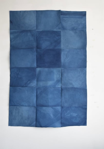 Sandra Monterroso, Tejido 5, Azul Maya. From the series &quot; Wounds can also be dyed blue.&quot;, 2020. Canvas dyed with indigo and acrylic, and painted with acrylic and yarn, 66 1/8 x 46 1/16 x 12 15/16 in. (168 x 117 x 33 cm.)