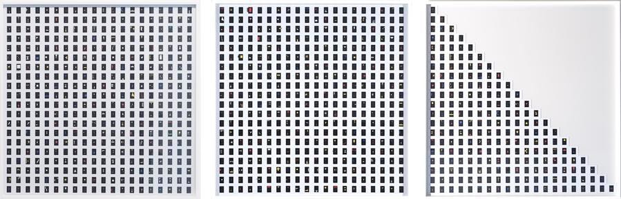 Marco Maggi, Growing Squares 3, 4 and 5 colors [Triptych] , 2017. Slide mounts with 35 mm cut papers, 40 x 40 in. each / 101.6 x 101.6 cm.