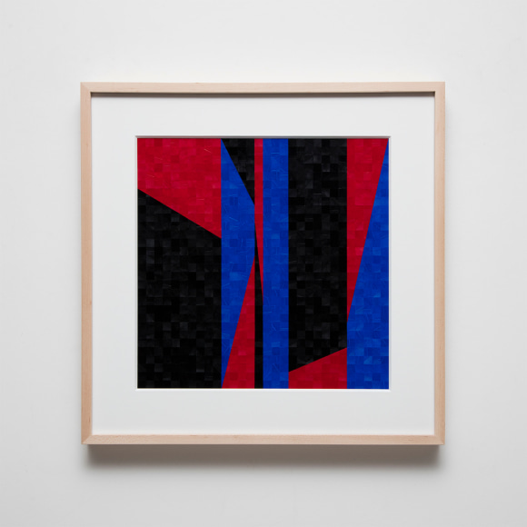 Gabriel de la Mora, 992 II, 2020. Pigmented turkey feathers on museum cardboard, 16 7/8 x 16 7/8 x 1 9/16 in. (43 x 43 x 4 cm.)