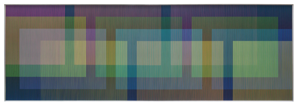 Carlos Cruz-Diez, Physichromie Panam 245, 2015. Chromography on aluminum, Plexiglass, 39 5/16 x 118 1/16 in. (100 x 300 cm.)