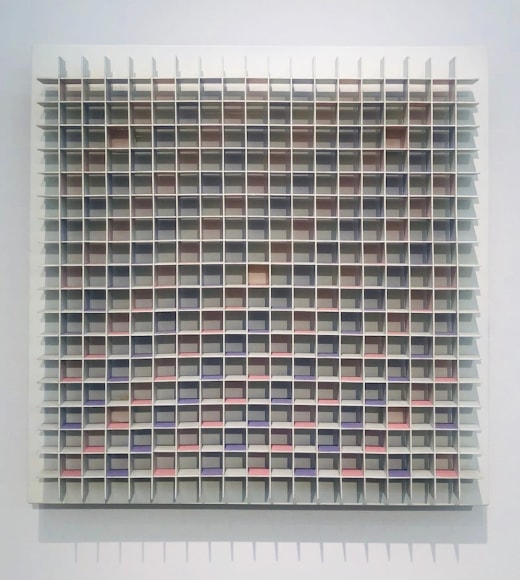 Luis Tomasello,&nbsp;Atmosph&egrave;re Chromoplastique No. 472, 1979. Acrylic on wood,&nbsp;23 3/4 x 23 11/16 x 4 1/4 in. (60.3 x 60.3 x 10.8 cm.)