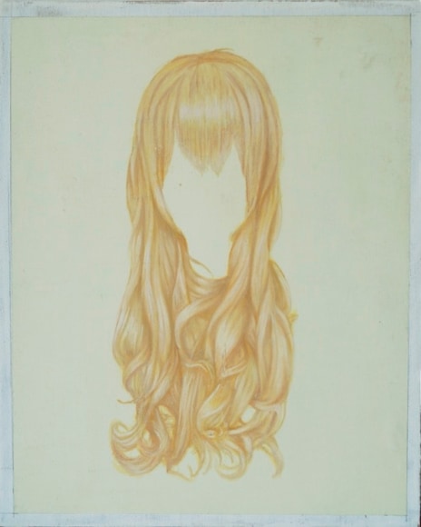 Melanie Smith.&nbsp;(b. 1965, England, lives in Mexico).&nbsp;Wig 5, 2015.&nbsp;Oil on mahogany.&nbsp;14 5/8 x 11 3/4 in. (37 x 30 cm.)
