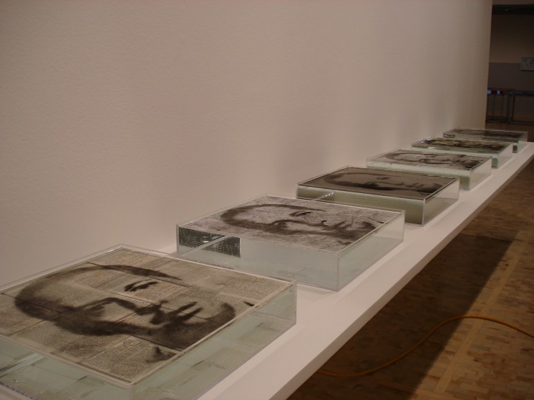 Oscar Mu&ntilde;oz, Narcisos en proceso, 2007/2012. Coal dust over paper and Plexiglas - 9 pieces, 20 x 20 in. each. Solo exhibition Cr&oacute;nicas de la ausencia,&nbsp;Museo Tamayo, 2009.