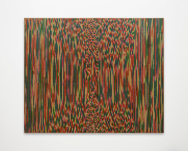 Sebast&iacute;an Gord&iacute;n, 3 de abril, 6 am, 2022. Dyed veneer, plywood, copper, 37 3/4 x 46 1/8 in. (96 x 117 cm.)