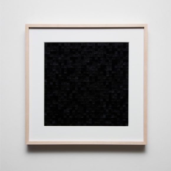 Gabriel de la Mora, 900 V, 2020. Pigmented turkey feathers on museum cardboard, 16 7/8 x 16 7/8 x 1 9/16 in. (43 x 43 x 4 cm.)