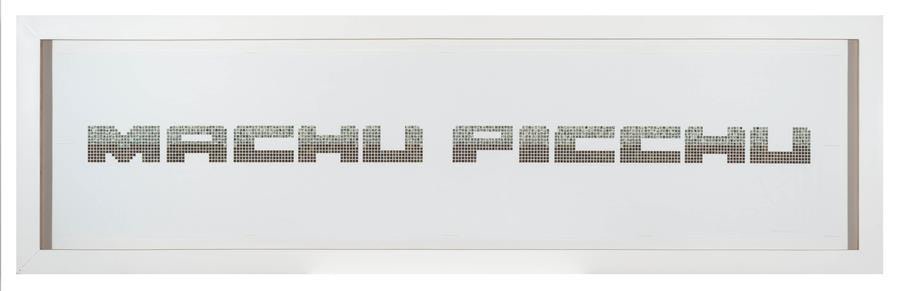 Miguel &Aacute;ngel Rojas, Machu Picchu, 2013. Dollar bills and coca leaves on paper, 19 7/8 x 66 16/16 in.