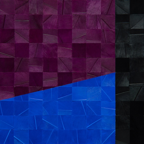 Gabriel de la Mora, 943 I, 2020. Pigmented turkey feathers on museum cardboard, 16 7/8 x 16 7/8 x 1 9/16 in. (43 x 43 x 4 cm.)