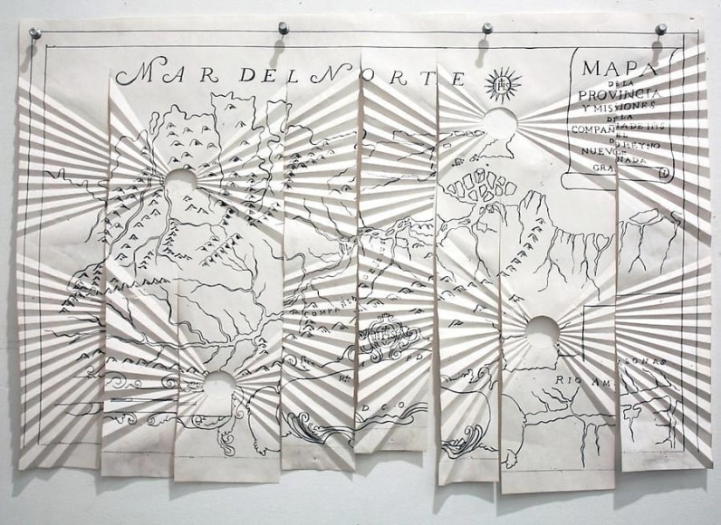 Miguel Angel R&iacute;os, Critica Post-colonial #5, 1993. Photo-print, ink on pleated paper and push pins, 24 in. x 16 1/2 in.