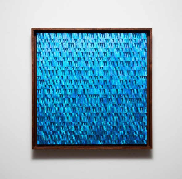 Gabriel de la Mora, 2,880 IV Mo.Di., 2023, Morpho didius butterfly wings on museum cardboard, 23 ⅝ x 23 ⅝ x &frac34; in.