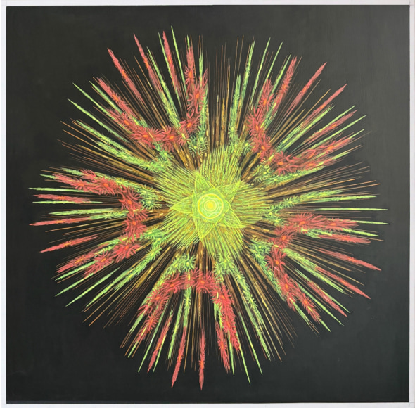 Melanie Smith. Psychoactive render 32, 2023, Pigments on veneered wood panel, 21 ⅝ x 21 ⅝ in.