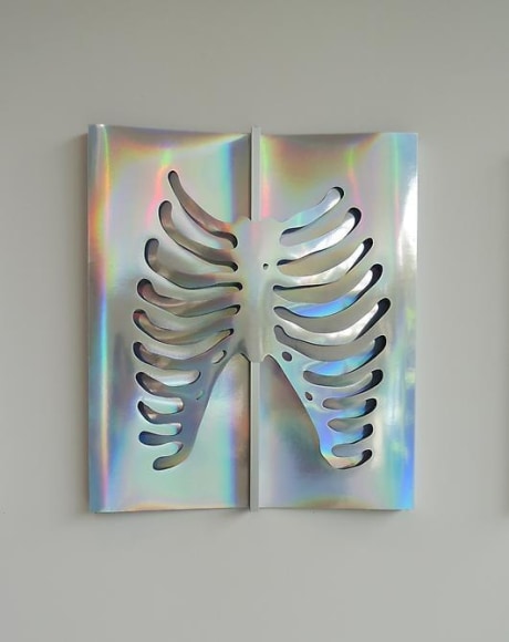 Thomas Glassford, Untitled, 2014. Holographic paper and anodized aluminum, 21 1/2 in. x 18 1/2 in. x 1 in.