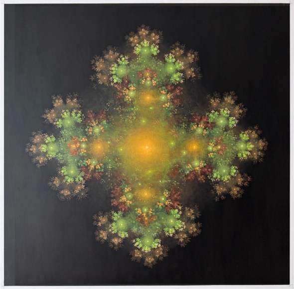 Melanie Smith. Psychoactive render 29, 2022, Pigments on veneered wood panel, 21 ⅝ x 21 ⅝ in.