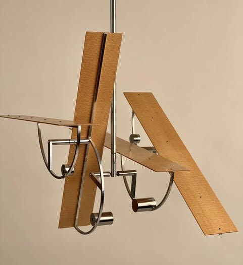 Pedro S. de Movell&aacute;n,&nbsp;TRANSVERSAL, 2023. Brushed aluminum, Sitka spruce, stainless steel, 20 in. [Maximum Swing] (50.8 cm.)