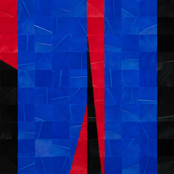 Gabriel de la Mora, 992 II (detail), 2020. Pigmented turkey feathers on museum cardboard, 16 7/8 x 16 7/8 x 1 9/16 in. (43 x 43 x 4 cm.)