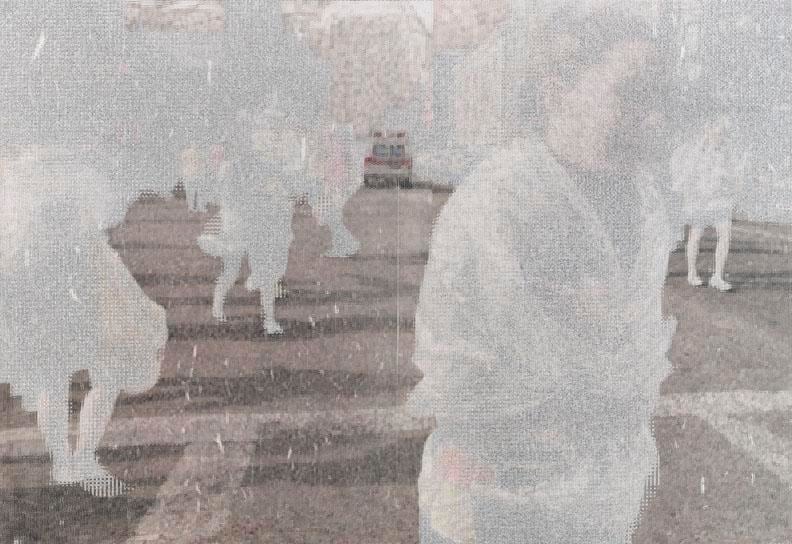 John Sparagana, Crowds &amp;amp; Powder: The Street, 2013. Archival inkjet prints with oil stick, sliced and mixed, on paper, 68 in. x 100 in.