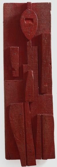Joaquín Torres-Garcia, Tabla con hombre rojo, c. 1931, Oil and nails on wood, 17 1/2 x 6 in. (44.5 x 15.2 cm.)