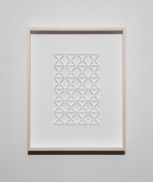 Gabriel de la Mora, CI / 154 I, 2017. Microscope coverslips on cardboard, 20 3/18 x 16 1/2 x 2 3/8 in. / 51.8 x 41.8 x 6 cm.