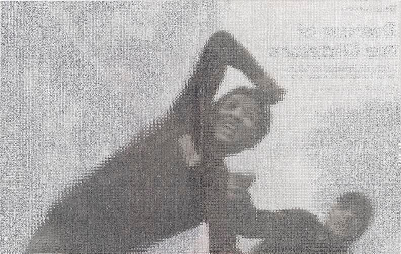 John Sparagana, Crowds &amp;amp; Powder: Cairo 2, 2013. Fatigued magazine pages with oil stick, sliced and mixed, on paper, 19 3/4 in. x 31 1/4 in.