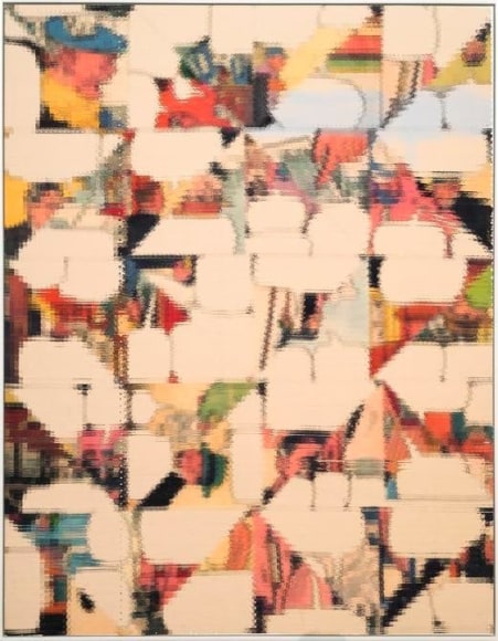 John Sparagana, Dick Tracy Variation (empty speech) #1, 2015. 25 Archival inkjet prints sliced and mixed on paper, mounted on aluminum, 93 1/4 x 7 1/8 in. / 236.8 x 181 cm.