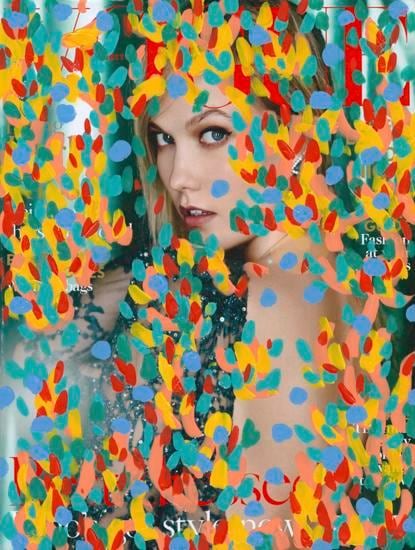 Untitled (Karlie Kloss by Patrick Demarchelier for cover of British Vogue, Dec., 2015), 2016, 	Acrylic on Magazine Cover