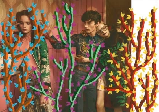 Untitled (Mia Gruenwald, Polina Organicheva & Arnis Cielava by Glen Luchford for Gucci), 2016, 	Acrylic on Magazine Page