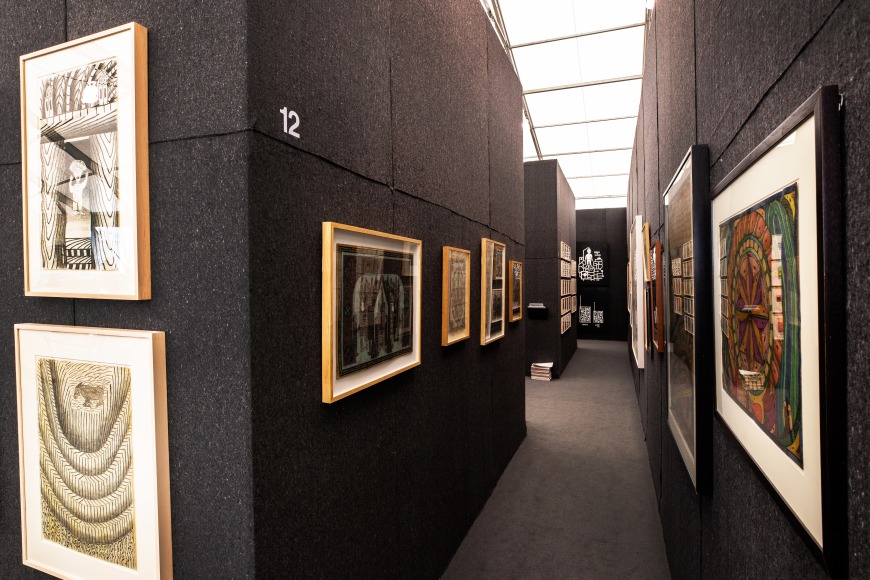 &quot;The Doors of Perception.&quot; Installation view. Photo by Olya Vysotskaya., Works, from left: Mart&iacute;n Ram&iacute;rez, Vassili Romanenkov, and Adolf W&ouml;lfli.