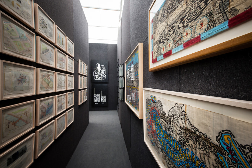 &quot;The Doors of Perception.&quot; Installation view. Photo by Olya Vysotskaya., Works, from left: John Devlin, Ken Grimes, and George Widener.