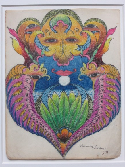 Minnie Evans (1892-1987) USA, Untitled (Red Lips on Moon), 1959, Crayon and ink on paper, 11.5 x 9 in