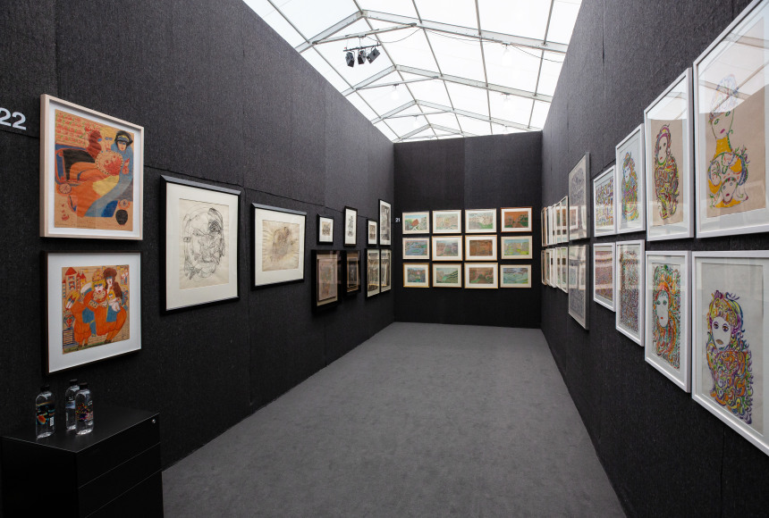 &quot;The Doors of Perception.&quot; Installation view. Photo by Olya Vysotskaya., Works, from left: Alo&iuml;se Corbaz, Unica Z&uuml;rn, Madge Gill, Joseph Yoakum, and Agatha Wojciechowsky.