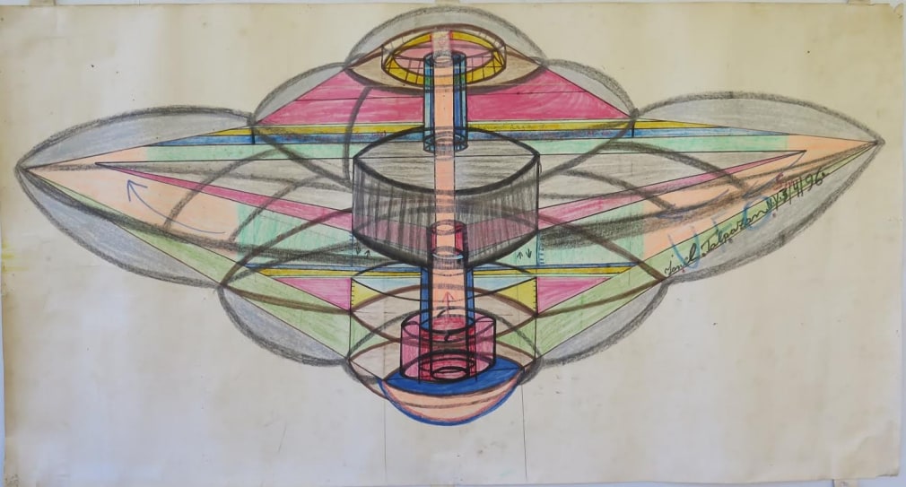 Ionel Talpazan (1955-2015) Romania/USA, UFO Art & Science #4, 1996, Mixed media on paper, 24.5 x 48 in