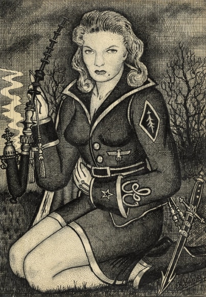 Renaldo Kuhler, A soldier smoking mullein from a piper during the era of Rocaterrania&#039;s Imperial Government, 1952, 11.5 x 9 in., ink